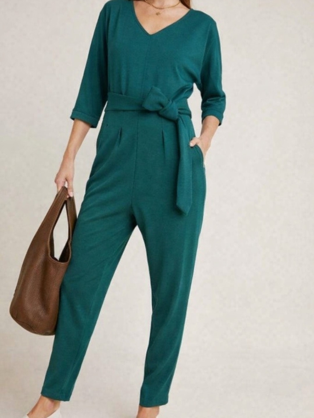 Anthropologie Eve Gravel Danish Ways Forest Green V-Neck Belted Jumpsuit